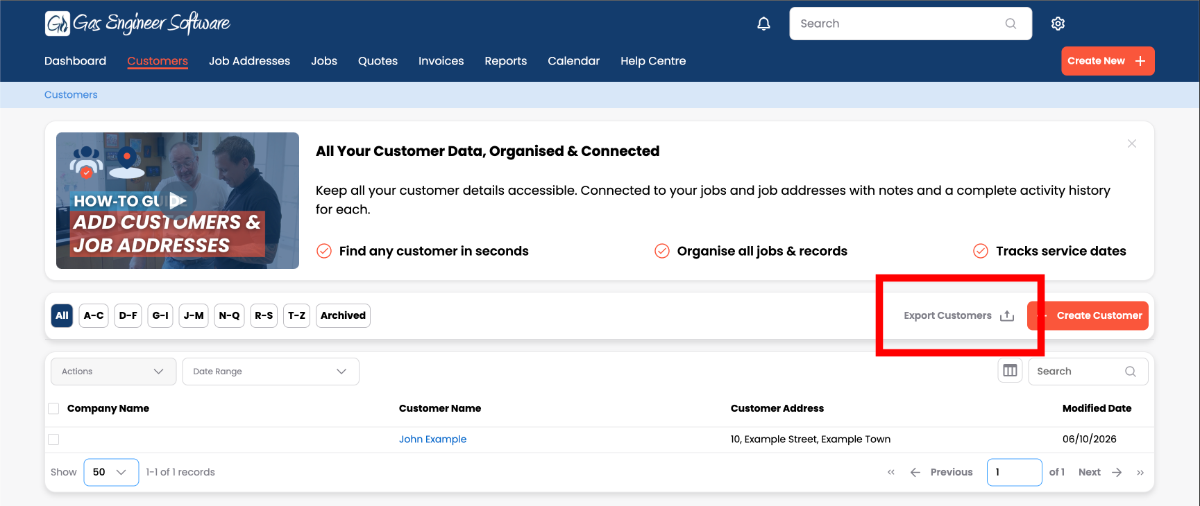 The Customers page in Gas Engineer Software, with the Export Customers button beside Create Customer