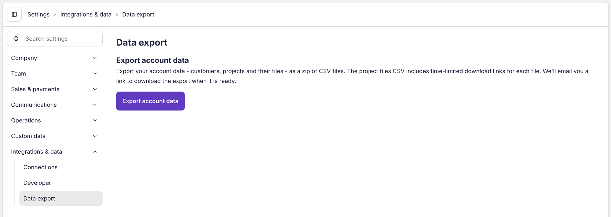The Data export page in Payaca's settings, with the Export account data button